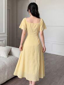Modelyn 女士黄色梭织短袖收腰A字褶皱优雅浪漫中长连衣裙，春夏款 - 黃色 - 查看 3