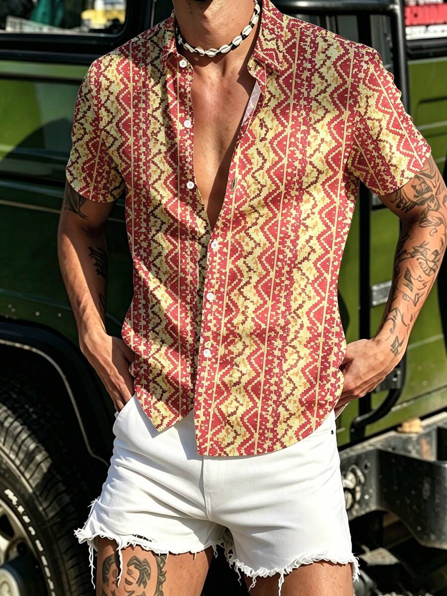 Rovax Men's Summer Casual Shirt, Personalized Bohemian Pattern Design, Versatile Casual Wear, Suitable For Outdoor And Daily Wear - Multicolor - View 1