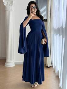 Modelyn Solid Color Square Collar Pleated Cape Sleeve Elegant Dress - Navy Blue - View 5