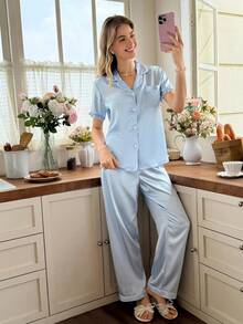 Snug Reverie Women's Short Sleeve Faux Silk Pajama Set With Small Ruffle Collar Loungewear Baby Blue Summer Elegant - Baby Blue - View 3