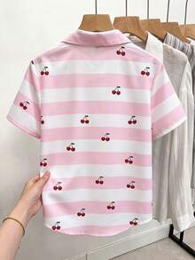GlowEve Summer Cute Pink And White Striped And Cherry Print Short Sleeve Shirt, Collared Loose Relaxed Fit Top For Picnic, Daily Wear, Outing, Vacation - Multicolor - View 2