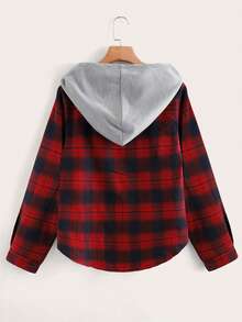 GlowEve Casual Plaid Patchwork Hooded Shirt, Autumn, Christmas - Red - View 2