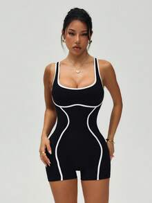 SHEIN Dewbera Bộ jumpsuit cổ chữ U màu đen trắng, kiểu dáng gợi cảm hở lưng không đường may dành cho nữ. - màu đen - Xem 3