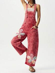 Bohemela 女款花卉刺繡鈕扣口袋時尚連身牛仔褲 - 紅色 - 查看 6