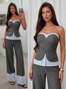 EURMUSE Damen, Frühling, Sommer, normale Länge, normale Passform, Lässig, Denim-Optik, trägerloses, geschichtetes Bustier-Top mit Hemddetails, Gürtel-Taille Peplum-Bustier, Zweiteiler aus gemischten Stoffen, Schwarzes Bustier und gestreiftes Hemd-Kombi, Highwaist Weite Hose mit Kontrastbündchen, Palazzo-Hose mit Nadelstreifen-Saum, Reißverschluss-Bustier-Top, Gegürtete Taille Korsett-Stil Top, abgestimmter Co-Ord Outfit, monochromes Schwarz-Ensemble mit rotem Accessoire-Akzent, rote Mini-Handtasche - Verschiedenfarbig - Übersicht 8