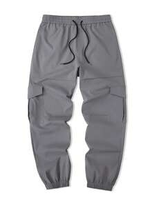 Manfinity Homme Celana Pria Abu-abu Kasual Gaya Jalanan dengan Lipit dan Saku, Desain Belahan, Musim Semi/Panas - Grey - View 3