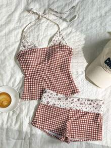 SHEIN Swim 女款泳衣短褲式坦克尼，棕色與白色，夏季復古可愛 2000 年代度假返校風，格紋波點花卉海灘穿搭 - 彩色 - 查看 2
