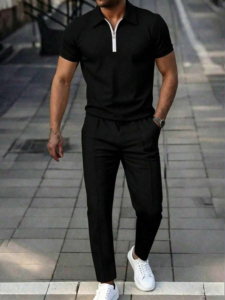 Manfinity Homme Front Button Closure Casual Short Sleeve Outfit - Black - View 1