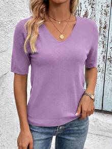 SHEIN Clasi Women's Casual V-Neck Short Sleeve Knit Top, Solid Color, Versatile For Vacation, Daily Commute - Dusty Purple - View 5