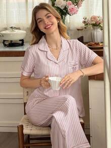 Snug Reverie Classic Striped Collar Short Sleeve Pajama Set - Baby Pink - View 1