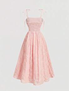 SHEIN Elegant Ärmlös Broderad Volangklänning i Midi-modell för Äldre Flickor - Babyrosa - Visa 3