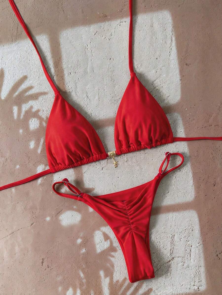 Swim Vcay Springbreak 女款素色掛脖金屬吊墜泳衣，性感丁字褲比基尼套裝 - 紅色 - 查看 1