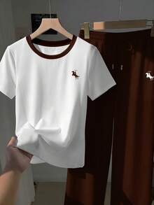 SHEIN EZwear 两件套：刺绣圆领短袖上衣和条纹印花长裤，休闲款 - 棕色 - 查看 3