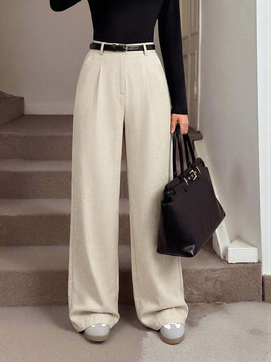 SHEIN Tall 女教師穿搭灰色摺疊壓褶優雅長褲附口袋,秋冬灰色高腰寬腿鬆垮大尺寸長褲,商務專業女裝寬腿寬鬆長褲,秋季女裝冬季女裝外出下身褲 - 杏色 - 查看 1