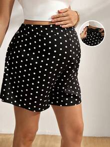 SHEIN Maternity Frill Trim Wide Leg Polka Dot Shorts Summer Casual - Black - View 3