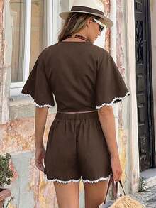 SHEIN Clasi Women's Colorblock Ruffle Trim Elegant Vacation Shorts Set - Coffee Brown - View 6