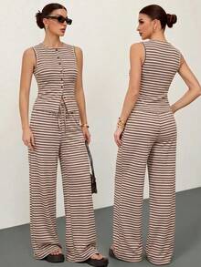 SHEIN Tall 2pcs Women Casual Striped Front Button Long Sleeve Top And Wide Leg Pants Set, Autumn - Khaki - View 6