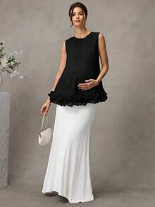 Momance Maternity Camisole, Round Neck With 3D Ruffle Hem For Sweet Style, Satin Smooth Skin-Friendly Fabric, Loose Fit For Pregnancy, Gentle And Elegant - Black - View 6