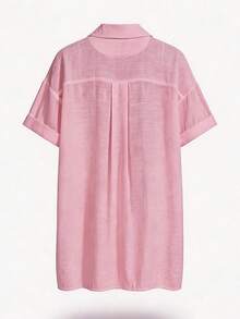 SHEIN Swim 女款簡約純色短袖和服罩衫，夏季沙灘女用長款沙灘和服 - 粉色 - 查看 8