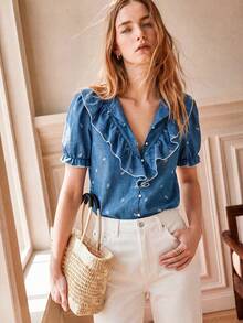 Écloséra Summer Elegant French Women's Blue And White Flower Leaf Print Blouse,Tea Party Garden Party Wedding Guest Shirt,Minimalist Casual Music Festival - Blue - View 5