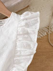 SHEIN Vintaside Kids 女童白色純色圓領荷葉袖洋裝，適合夏季、婚禮、旅行，花童仙女風 - 白色 - 查看 10