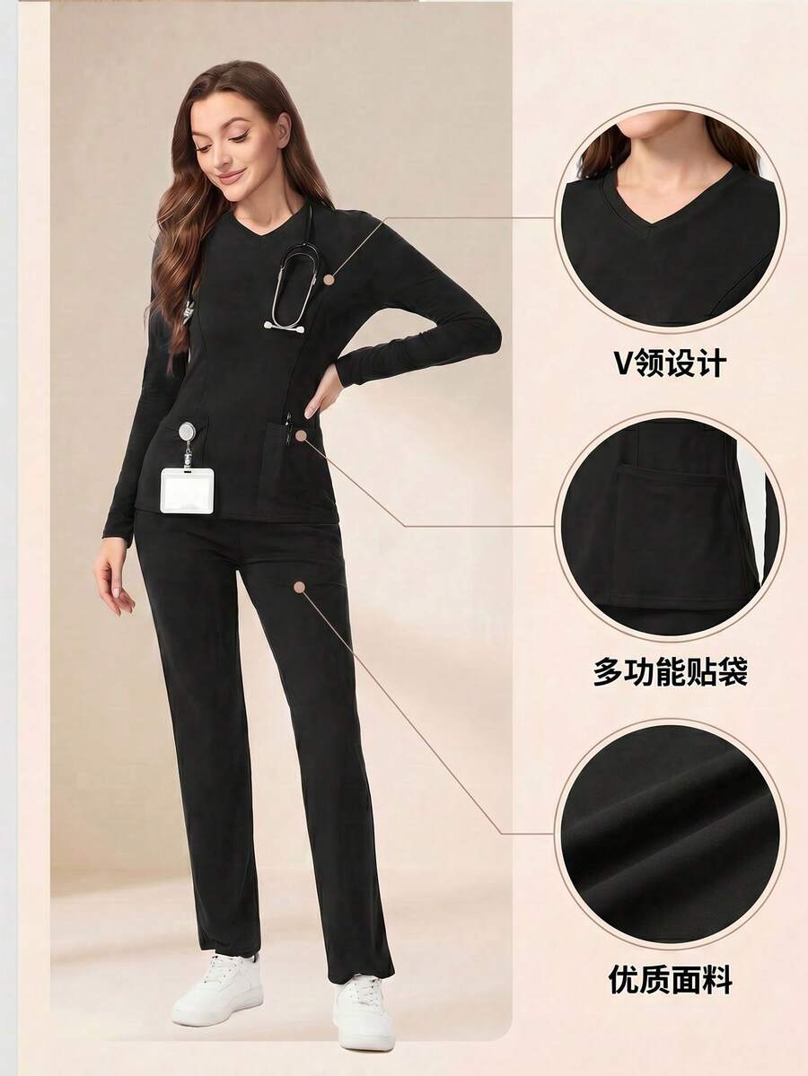 TaskEZ Black Solid Color V-Neck Long Sleeve Pocket Minimalist Scrub Uniform Set,Knitted Nurse Scrub Tops And Bottoms For Work,Lab Coats Scrub Outwear - Black - View 1
