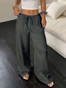 EMERY ROSE Plus Size Women Casual Solid Color Wide Leg Pants, Autumn Loose Fit Long Trousers Fall - Grey - View 4