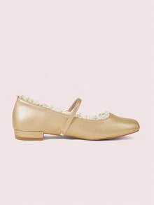 CUCCOO DOLLMOD Zapatos planos elegantes de cuero metálico dorado con puntera cuadrada, tacón bajo de bloque, estilo retro y volantes de encaje para mujer, ideales para uso diario y vacaciones - Dorado - Ver 8