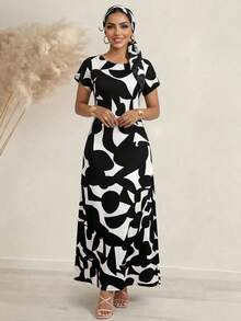SHEIN Lady Damen Geometrisches Muster Rundhals Kurzarm Elegantes Kleid - Verschiedenfarbig - View 5