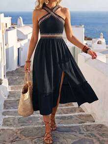 Breezaya Women's Zigzag Pattern High Slit Ruffle Hem Halter Neck Dress Maxi Holiday Beach Holiday Vacation Outfit Black Summer Boho - Navy Blue - View 3