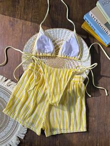 Swim Vcay 3pcs/Set Bohemian Style Crochet Fabric Drawstring Swimwear Cover Up Bikini Set - Yellow - View 2