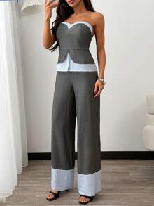 EURMUSE Damen, Frühling, Sommer, normale Länge, normale Passform, Lässig, Denim-Optik, trägerloses, geschichtetes Bustier-Top mit Hemddetails, Gürtel-Taille Peplum-Bustier, Zweiteiler aus gemischten Stoffen, Schwarzes Bustier und gestreiftes Hemd-Kombi, Highwaist Weite Hose mit Kontrastbündchen, Palazzo-Hose mit Nadelstreifen-Saum, Reißverschluss-Bustier-Top, Gegürtete Taille Korsett-Stil Top, abgestimmter Co-Ord Outfit, monochromes Schwarz-Ensemble mit rotem Accessoire-Akzent, rote Mini-Handtasche - Verschiedenfarbig - Übersicht 3