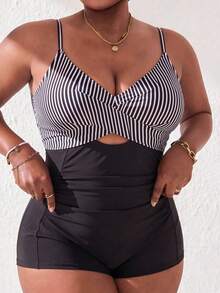 Slaydiva Costume da bagno intero a righe casuali per donne taglie forti - Bianco e nero - Visualizzare 5