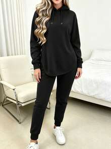 Tropvida 2pcs Set Women Plain Long Sleeve Hoodie Top And Long Pants Fall Cloth For Women - Black - View 3