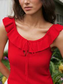 Gaivellea Women's Summer Solid Color Ruffle Tie Front Knit Top Golf Pastal Sexy - Red - View 7