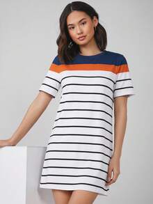 SHEIN BASICS Women's Summer Casual Vacation & Commute Colorblock Striped Print Short Sleeve Mini Dress - Multicolor - View 3