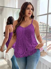 Reflora Plus Size Elegant Solid Color Lace Camisole For Summer - Red Violet - View 5