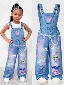 Young Girl' Fashionable Chain, Rabbit & Letter Print Bib Pants, Back To School Item, Stylish Jumpsuit For Spring, Summer, Autumn - Blue - View 5