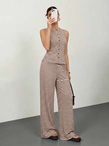 SHEIN Tall 2pcs Women Casual Striped Front Button Long Sleeve Top And Wide Leg Pants Set, Autumn - Khaki - View 8