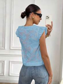 Muvela Blusa elegante de mujer de unicolor, cuello redondo, manga corta y bajo con volantes, para verano - Celeste - Ver 4