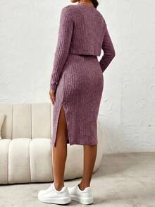 SHEIN 2 piezas Conjunto de vestido de tirantes acanalado con abertura y chaqueta elegante de maternidad, para verano - Morado - Ver 2