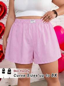 SHEIN CURVE+ Pantalones cortos de talla grande para mujer, de cintura alta, sueltos, con estampado de rayas y cintura elástica - Rosa - Ver 2