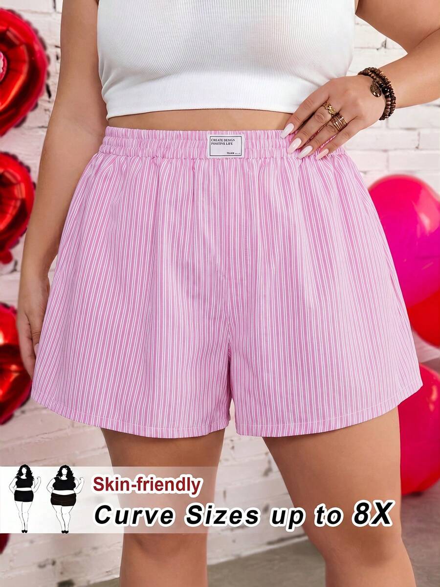 SHEIN CURVE+ Pantalones cortos de talla grande para mujer, de cintura alta, sueltos, con estampado de rayas y cintura elástica