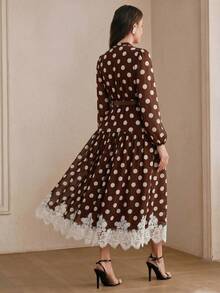 Anewsta Đầm dài tay thanh lịch, chất liệu chiffon chấm bi ren thắt eo dành cho nữ, kiểu dáng sang trọng. - Cà phê - Xem 5