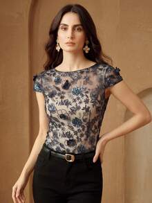 Anewsta Elegant Embroidered Floral Beaded Top For Women - Navy Blue - View 6