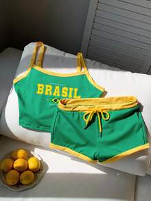 SHEIN EZwear 女士巴西国旗字母印花露脐上衣和短裤套装，修身夏季套装，世界杯服装 - 彩色 - 查看 5