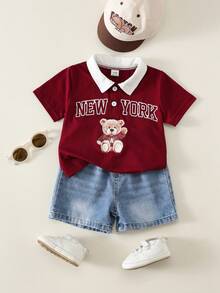 SHEIN 2件/組 嬰兒男童夏季休閒可愛紅色 Polo 衫 & 藍色牛仔短褲，Polo 套裝，牛仔套裝，可愛套裝，正式套裝，嬰兒男童套裝 - 彩色 - 查看 2