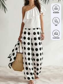 SHEIN LUNE Women's Vacation Style Ruffle Collar Polka Dot Wide Leg Pants Set - White - View 3