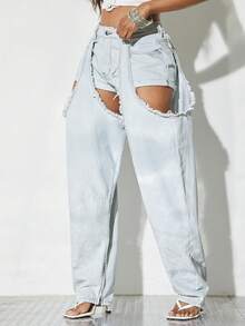 Denimoi Sexy Denim Chaps Concert Outfits Fashion Jeans Statement Denim Jean Chaps With Shorts - Light Wash - View 2
