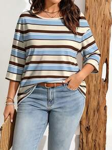 EMERY ROSE Plus Size Women Casual Striped Print Drop Shoulder T-Shirt, Suitable For Summer Wear - Multicolor - View 4